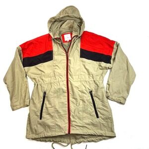 Outdoor Womens Windbreaker Sz M Beige Color Block Packable Hood Draw Cord